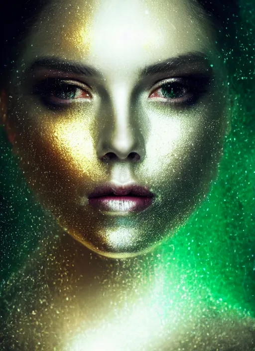 Image similar to double exposure effect, glowing silver and golden elements, full close-up portrait, realistic female model from shutterstock as a dark witch, book cover, green forest, white moon, red lips, establishing shot, extremly high detail, photo-realistic, cinematic lighting, pen and ink, intricate line drawings, by Yoshitaka Amano, Ruan Jia, Kentaro Miura, Artgerm, post processed, concept art, artstation, matte painting, style by eddie mendoza, raphael lacoste, alex ross