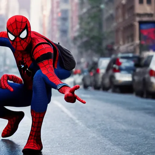 Image similar to film of spiderman with a backpack on his way to school on the streets of new york, lonely atmosphere, director by christopher nolan