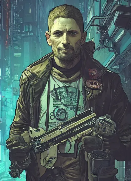 Image similar to cyberpunk pawnshop owner. portrait by ashley wood and alphonse mucha and laurie greasley and josan gonzalez and james gurney. splinter cell, apex legends, rb 6 s, hl 2, d & d, cyberpunk 2 0 7 7. realistic face. character clothing. vivid color. dystopian setting.