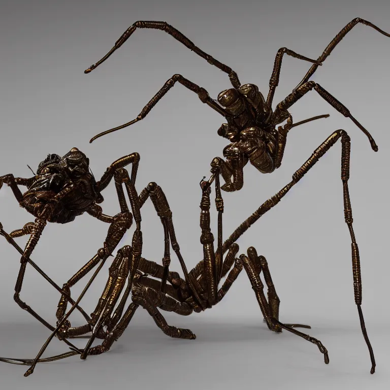 Image similar to hyperrealistic sculpture of a bronze fossilized whip scorpion in a large cage made of colorful plastic wire on a pedestal by ron mueck and duane hanson and lee bontecou, hyperrealistic dramatic colored lighting trending on artstation 8 k
