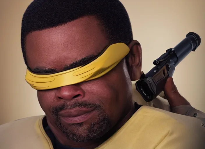 Image similar to a hyper realistic ultra realistic photograph of Commander Geordi La Forge using a gun as a toothpick, highly detailed, 8k photograph