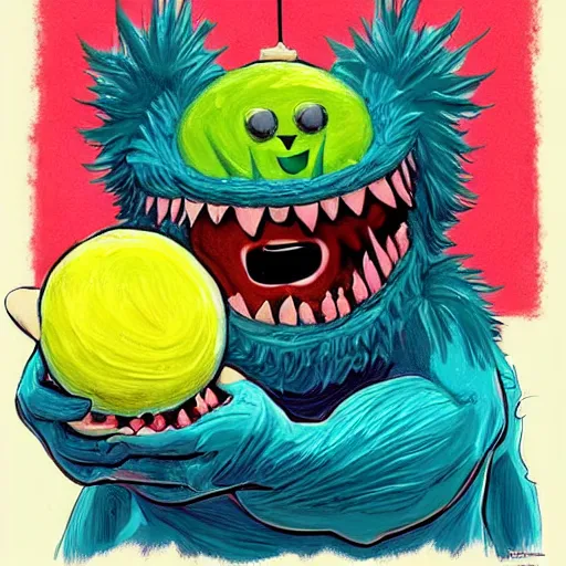 Image similar to a tennis ball monsters eating pancakes, colorful, digital art, fantasy, magic, chalk, trending on artstation, ultra detailed, professional illustration by basil gogos