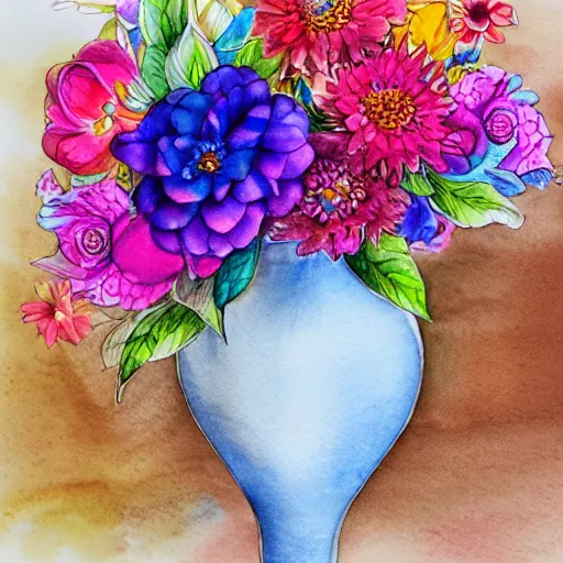 Image similar to a porcelain vase with a colorful and beautiful flower arrangement. very stylize and delicate watercolor and pencil drawing. long shotbeautiful lighting, 4 k post - processing, trending in art station, cg society, highly detailed, 5 k extremely detailed