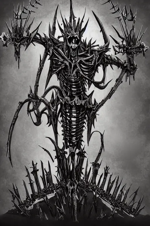 Prompt: Poster Illustration by Jeremy Jarvis of a skeletal abomination with barbed spikes. It's of royal lineage no doubt. More than anything, it wants to praise its obscure god through combat, constructing idols from the slain.