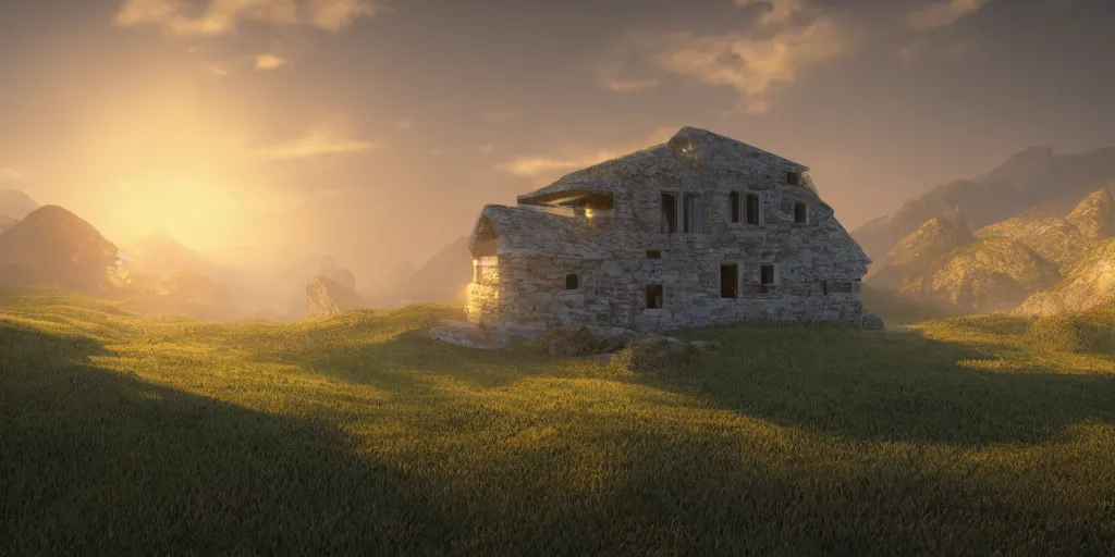 Image similar to a serene mountainous landscape with a singular building at sunrise, concept art, octane render, unreal engine 5, trending on DeviantArt, highly detailed, high quality, 4K, symmetrical, godrays, complementary colors, path traced, matte painting, breathtaking landscape, epic image, soft lighting