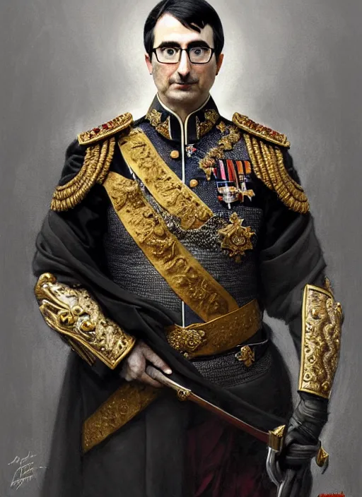 Prompt: portrait of supreme leader john oliver as stoic king, royalty, extravagant, lord, full body, military uniform, fantasy, intricate, elegant, beautiful, highly detailed, charcoal, centered, dark, smokey, digital painting, artstation, concept art, art by artgerm and greg rutkowski and alphonse mucha