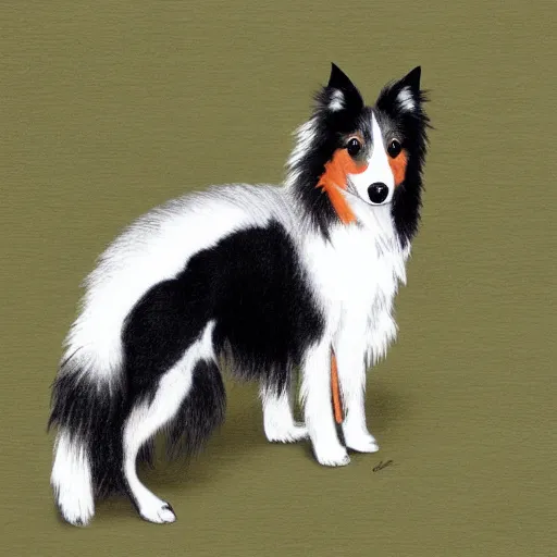 Image similar to a black and white colored Sheltie on a bluff on Isle of Slye. Illustration