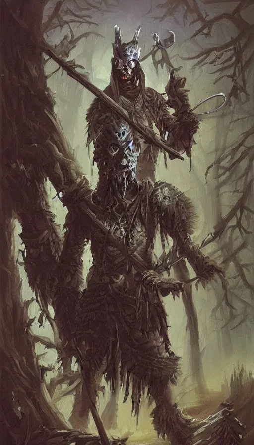 Prompt: painting of undead wight warrior, forest and cabin, muted colors, night scene, by brom