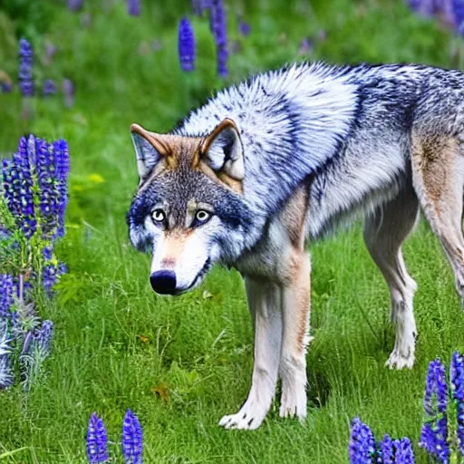 Image similar to Full body photo of a wolf with feathers, real life festhered lupine