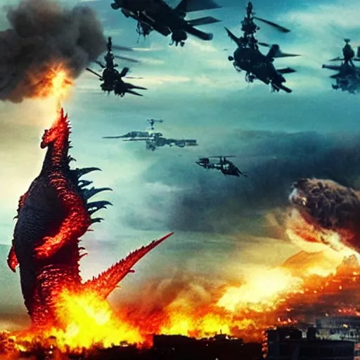 Prompt: photograph of Godzilla destroying a futuristic city, military helicopters in the sky, smoke and destruction, highly detailed, photorealistic