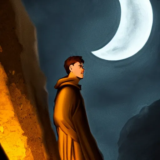 Image similar to Close up of a terrified young catholic priest at the top of a medieval tower watches as an ominous yellow shadow descends upon him from the night sky. He is seen from above fervently praying. Dramatic lighting. Award-winning digital art, trending on ArtStation