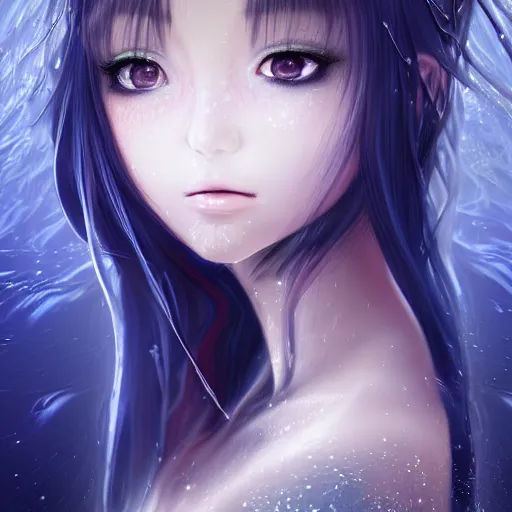 Image similar to advanced digital portrait painting photograph, a very beautiful anime girl wearing a dress made of water standing in a crystal lake turning into mist , full body, very long black hair, azure blue watery eyes, full round face, seductive stare, cinematic lighting, medium shot, mid-shot, highly detailed, trending on artstation, Unreal Engine 4k, Stanley Artgerm Lau, WLOP, Rossdraws, James Jean, Andrei Riabovitchev, Marc Simonetti, and Sakimichan