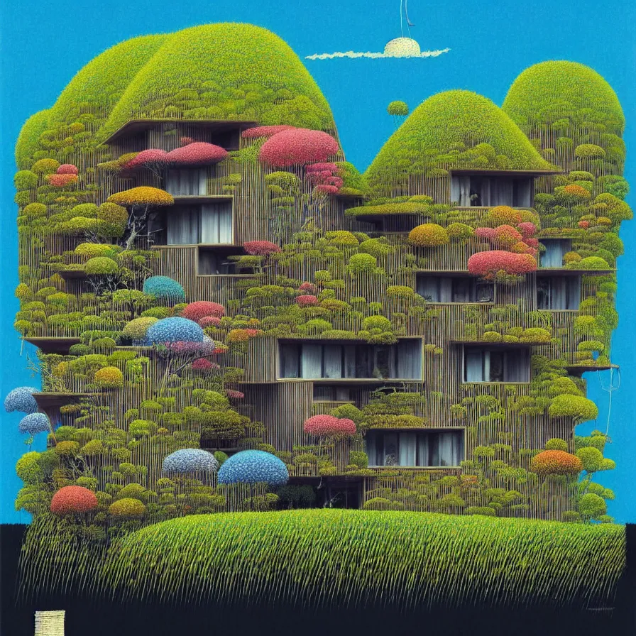 Image similar to surreal glimpse into other universe, a house by kengo kuma on an island, summer morning, very coherent and colorful high contrast, art by!!!! gediminas pranckevicius!!!!, geof darrow, floralpunk screen printing woodblock, dark shadows, hard lighting, stipple brush technique,
