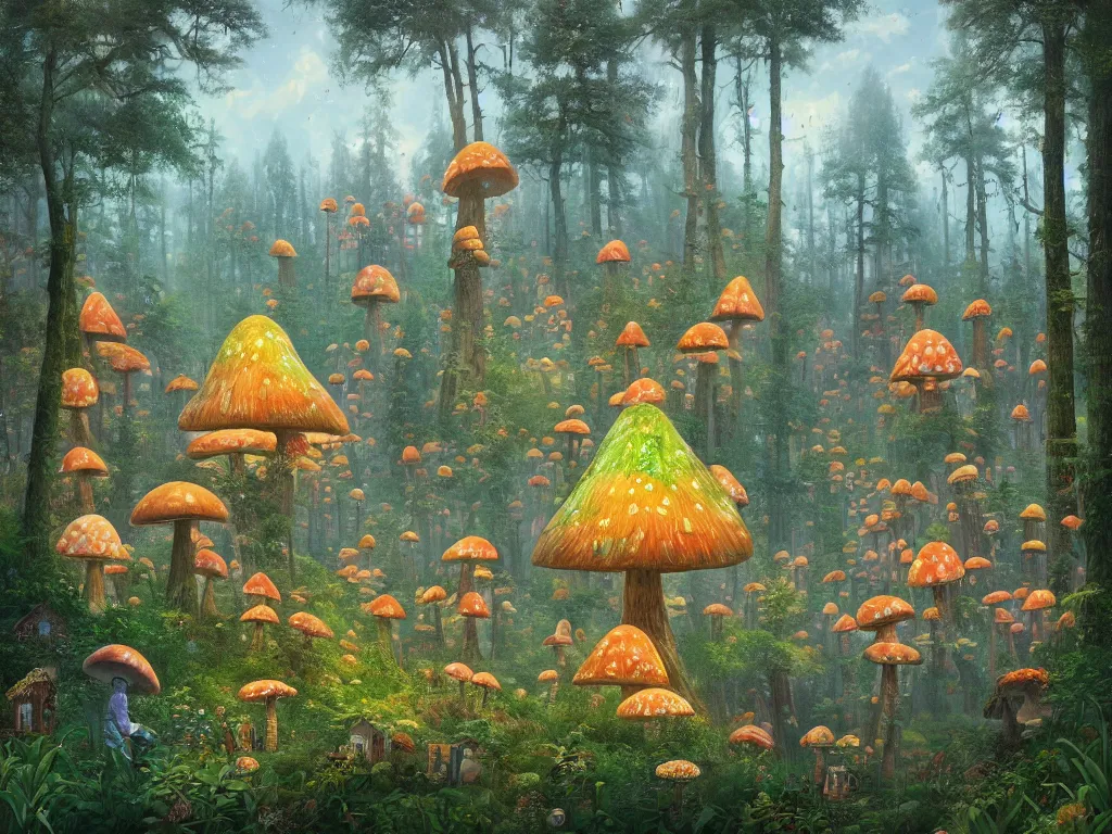 Image similar to A beautiful painting of a pine forest with a toadstool village, houses in the shape of mushrooms, whimsical cabins, Digital Art by James Christensen and Beeple, Trending on artstation