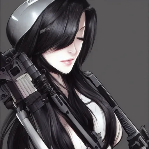 Prompt: upper body portrait of a beautiful girl with long black hair, wearing black riot gear, holding AR-15, drawn by WLOP, by Avetetsuya Studios, attractive character, colored sketch anime manga panel, trending on Artstation