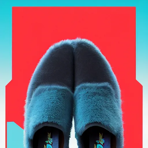 Prompt: poster nike shoe inspired by slippers made of very fluffy cyan and black faux fur placed on reflective surface, professional advertising, overhead lighting, heavy detail, realistic by nate vanhook, mark miner