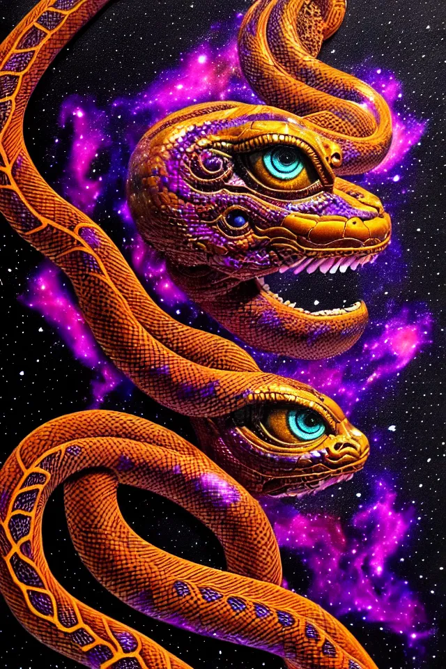 Prompt: a close up portrait of a purple ornate serpent spirit head statue, orange eyes, black paper, galaxy, nebula, billions of details, beautiful intricate painting by kokaris