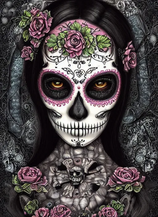 Prompt: portrait of a sugar skull creepy doll, obsidian eyes, intricate, highly detailed, smooth, digital illustration, the dark and quirky art of scott radke