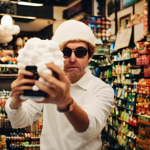 Prompt: a monster taking a selfie near a deli made of marshmallows photo realistic blurry lens focus Paul Thomas anderson movie