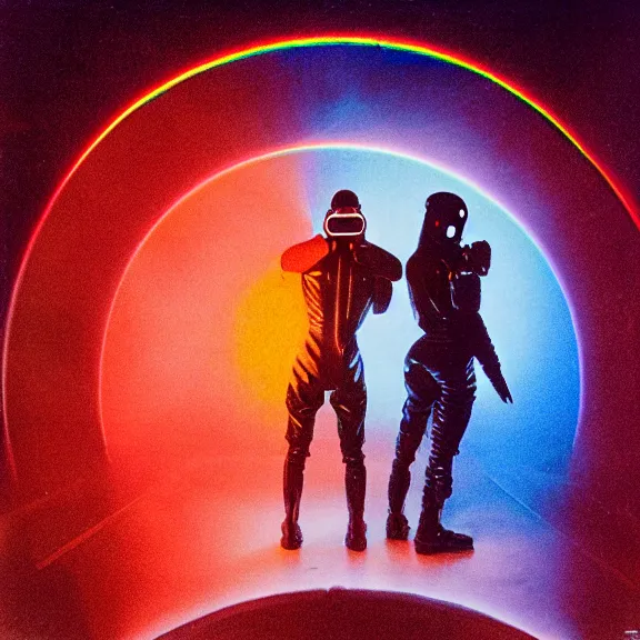 Image similar to two time generals wearing flight masks and red rick owens flight suits with their hands behind their backs inside the glowing geometric rainbow portal to the sixth dimension by frank frazetta