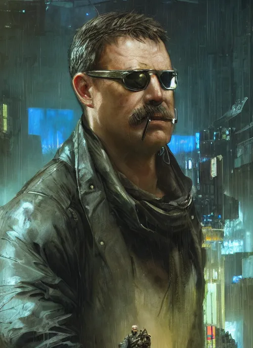 Prompt: Modern Teddy Roosevelt. Cyberpunk assassin in tactical gear. blade runner 2049 concept painting. Epic painting by Craig Mullins and Alphonso Mucha. ArtstationHQ. painting with Vivid color. (rb6s, Cyberpunk 2077, matrix)