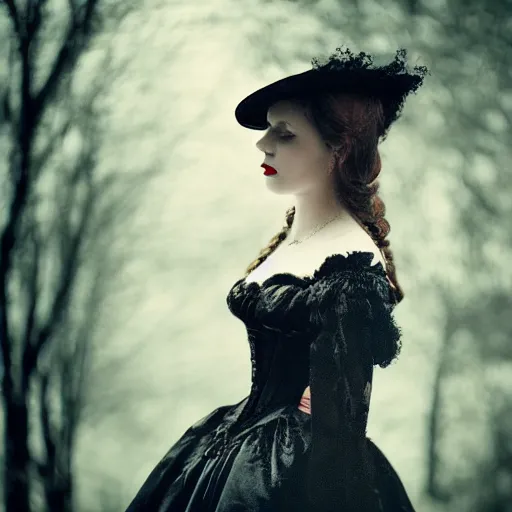 Prompt: A beautiful portrait of a lady vampire, victorian, dracula, ominous, depth of field, bokeh, irwin penn, soft light, cinematic