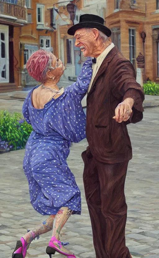 Prompt: beautiful intricate detailed painting of a man dressed as an older couple dancing in the street. vibrant, high quality, very funny, beautiful, hq. hd. 4 k. award winning. trending on artstation