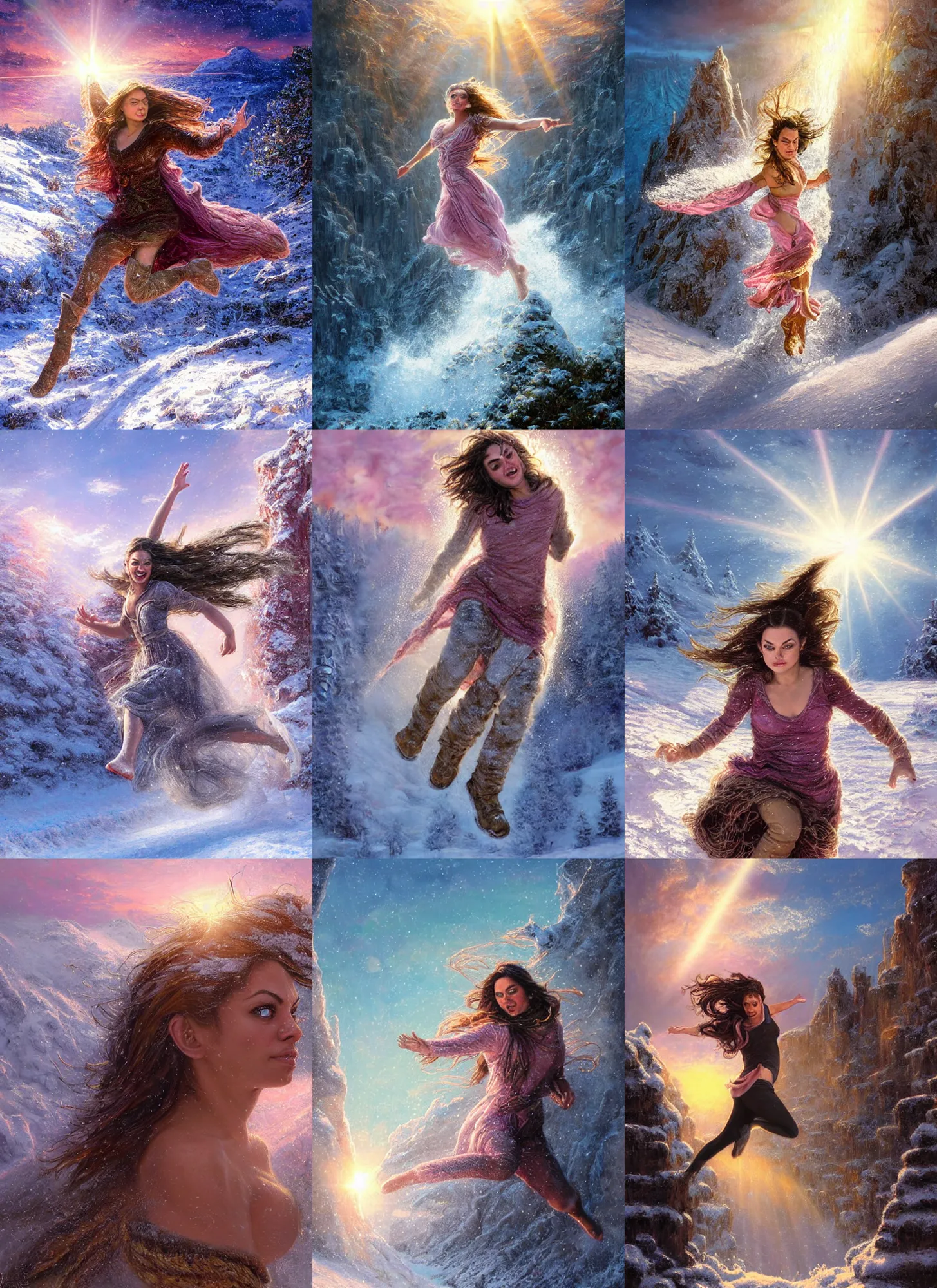 Prompt: epic face portrait of Mila Kunis warmly clothed jumping into deep snow, ancient ruins, prism sun rays through wind swept snow, pink golden hour, intricate, highly detailed, epic vista, very crispy, Ralph Horsley, Daniel F. Gerhartz, Artgerm, Boris Villajo, Lilia Alvarado