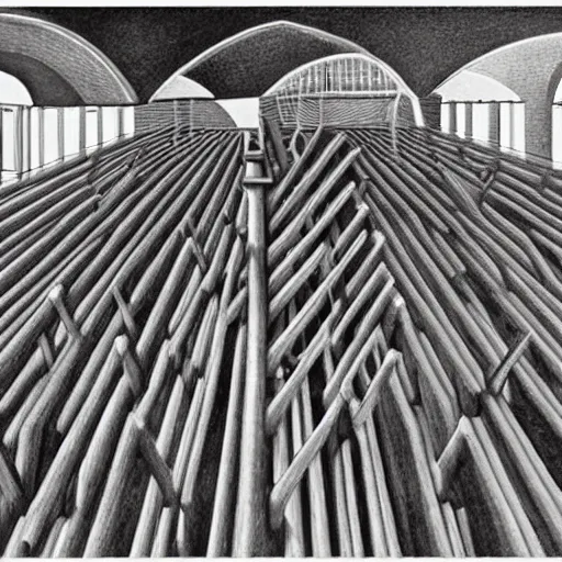 Image similar to Hyperrealism traditional austian church in a vineyard, painting by MC Escher