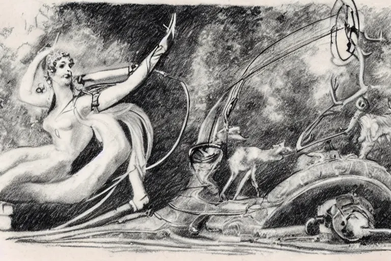 Image similar to Vintage, beautiful, sketch of the goddess artemis aiming a bow at a robot deer.