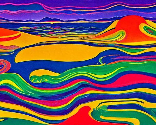 Image similar to A wild, insane, modernist landscape painting. Wild energy patterns rippling in all directions. Curves, organic, zig-zags. Saturated color. LSD. DMT. Mountains. Clouds. Rushing water. Sci-fi dreamworld. Wayne Thiebaud. Edvard Munch landscape.