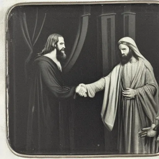 Prompt: A daguerreotype photograph of Jesus shaking hands with John the Baptist.