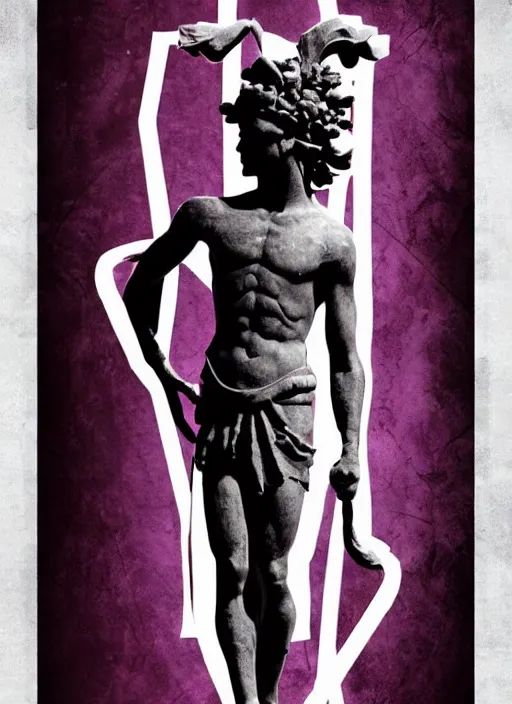 Prompt: elegant dark design poster showing a large greco roman statue of dionysus, black background with very subtle red and purple design elements, bold, powerful, soft gradients, nekro, vito acconci, thin straight purple lines, dark, glitch art, neo vaporwave, gritty, layout frame, square, trending on artstation