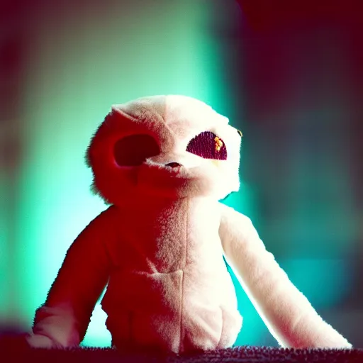 Image similar to lomography long shot of cute plush fluffy chthonic doll monster made to look like a baby, bokeh background