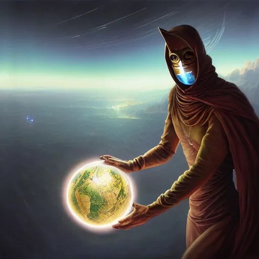 Image similar to masked nomad male wearing a cloak on an alien world and holding a holographic planet projection in his hand, detailed, sci - fi, digital painting, artstation, sharp focus, illustration, ominous, artgerm, tomasz alen kopera, peter mohrbacher, donato giancola, joseph christian leyendecker, wlop, frank frazetta