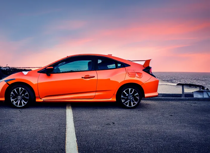 Image similar to a orange Honda Civic with tinted windows in the Bay Area California, dusk, high definition