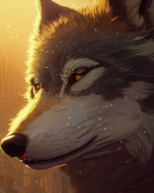 Image similar to highly detailed vfx portrait of a ferocious wolf, stephen bliss, unreal engine, greg rutkowski, loish, rhads, beeple, makoto shinkai and lois van baarle, ilya kuvshinov, rossdraws, tom bagshaw, alphonse mucha, global illumination, detailed and intricate environment