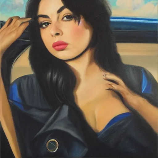 Image similar to charli xcx on the windshield of a car, oil painting, detailed