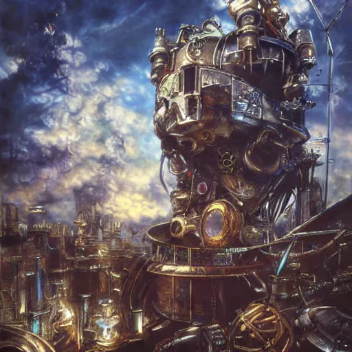 Image similar to painted conceptual art from from final fantasy 7 from the steam punk city midgard as backdrop, by master artist yoshitaka amano