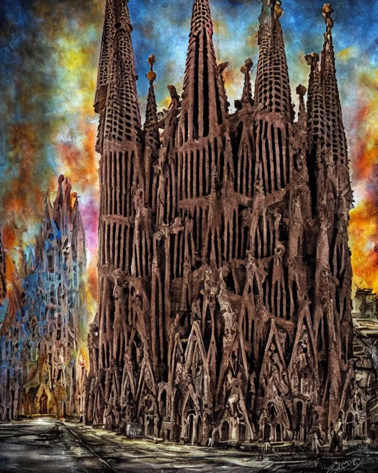 Prompt: abandoned streets, La Sagrada Familia, post-apocalyptic painting, cosmic horror
