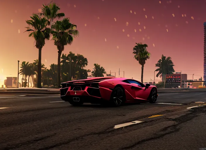 Prompt: still next - gen ps 5 game grand theft auto 6 2 0 2 4 remaster, graphics mods, rain, red sunset, people, rtx reflections, gta vi, miami, palms and miami buildings, photorealistic screenshot, unreal engine, 4 k, 5 0 mm bokeh, close - up lamborghini aventador, gta vice city remastered, artstation