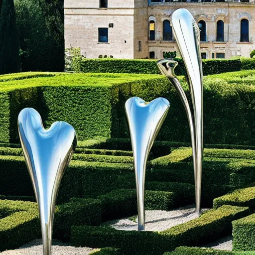 Image similar to giant Italian modern castle formal garden with a modern stainless steel organic shaped modern sculptures with mirror finish by Tony Cragg, photo by Annie Leibovitz