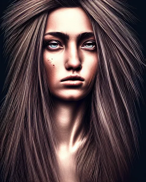 Image similar to hair monster, portrait, highly detailed, deep focus, gritty, digital painting, smooth, sharp focus, illustration, ultra realistic, 8 k