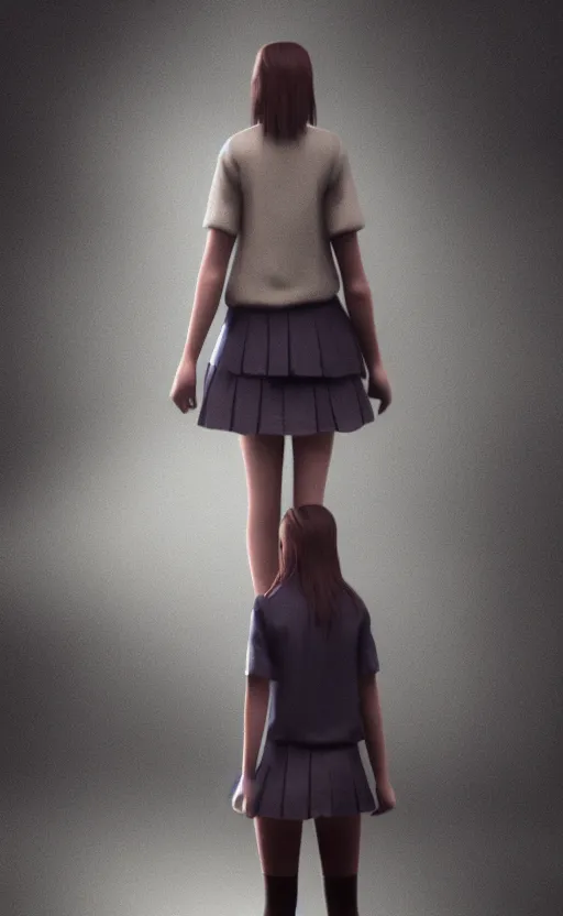 Image similar to school girl standing, gloomy and foggy atmosphere, octane render, cgsociety, artstation trending, horror scene, highly detailded