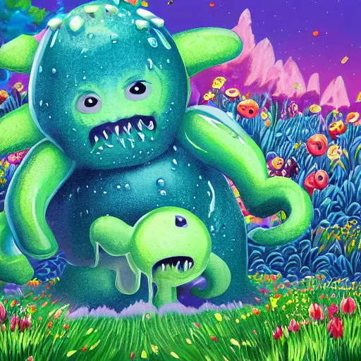 Prompt: A gelatinous monster roaming threw a flower field, landscape