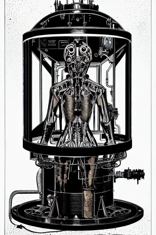 Image similar to steampunk cryo chamber containing a humanoid, high details, intricately detailed, by vincent di fate, inking, 3 color screen print, masterpiece, trending on artstation,, sharp, details, hyper - detailed, hd, 4 k, 8 k