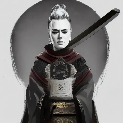 Image similar to Adele as an Samurai warrior, highly detailed, artstation, greg rutkowski and Frank Frazetta