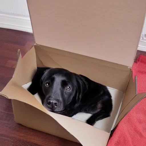 Image similar to black fat dog inside shoebox photograph 4 k