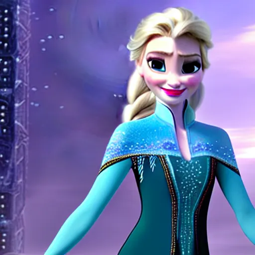 Image similar to elsa from frozen as a superhero in a dystopian cyberpunk city, animated style, cartoon style