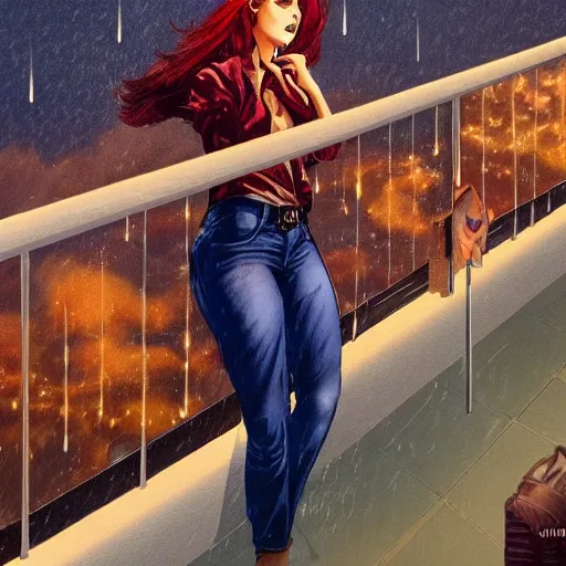 Image similar to a beautiful artwork of a woman with red hair in jeans and a white shirt smoking on the balcony of a hotel at night, top view, cinematic shot, rainy, marvel, dc comics neon and rainy theme atmosphere by Jerome Opeña, featured on artstation